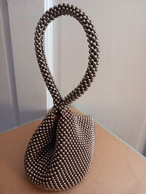 Mini Beaded Bundle Clutch Bag Purse  Light Bronze , Zip Close With Magnet Clasp